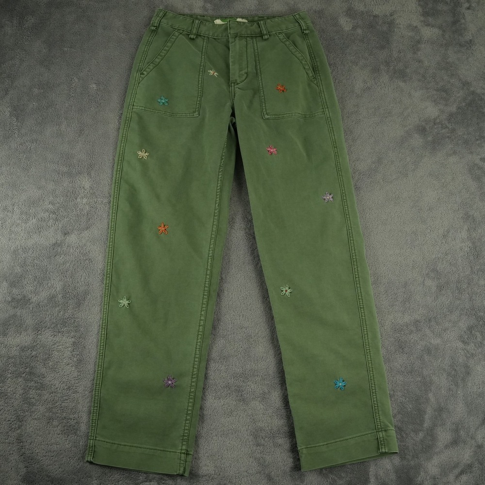 Anthropologie Pants Womens 27 Green Floral Embroidered Utility Straight Leg - Picture 2 of 9